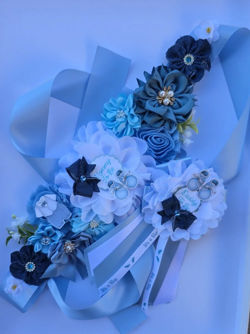 Handmade Blue and White Floral Ribbon Sash Belt
